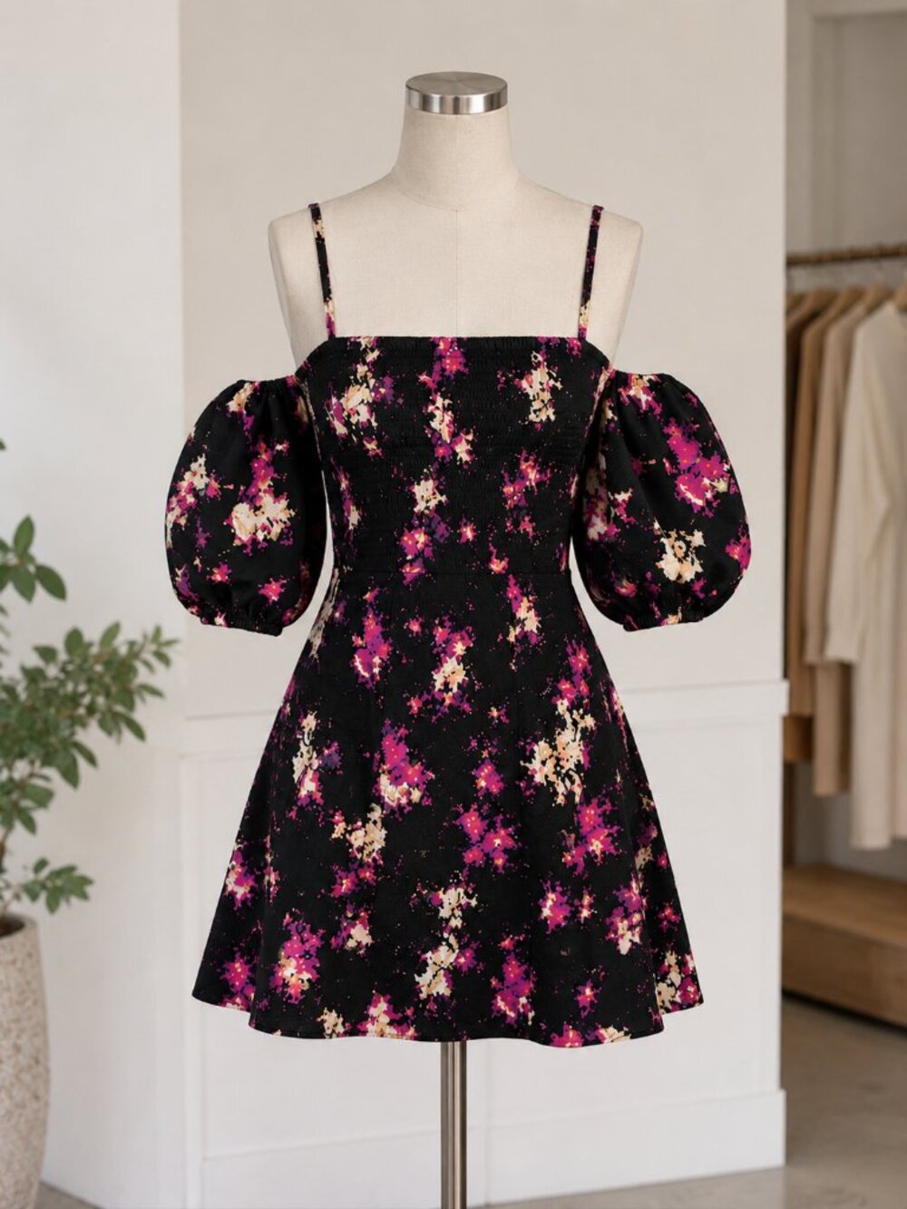 DKNY Dress XS NWT Black Pink Floral Smocked Puff Sleeve Mini Dress XS MSRP $139